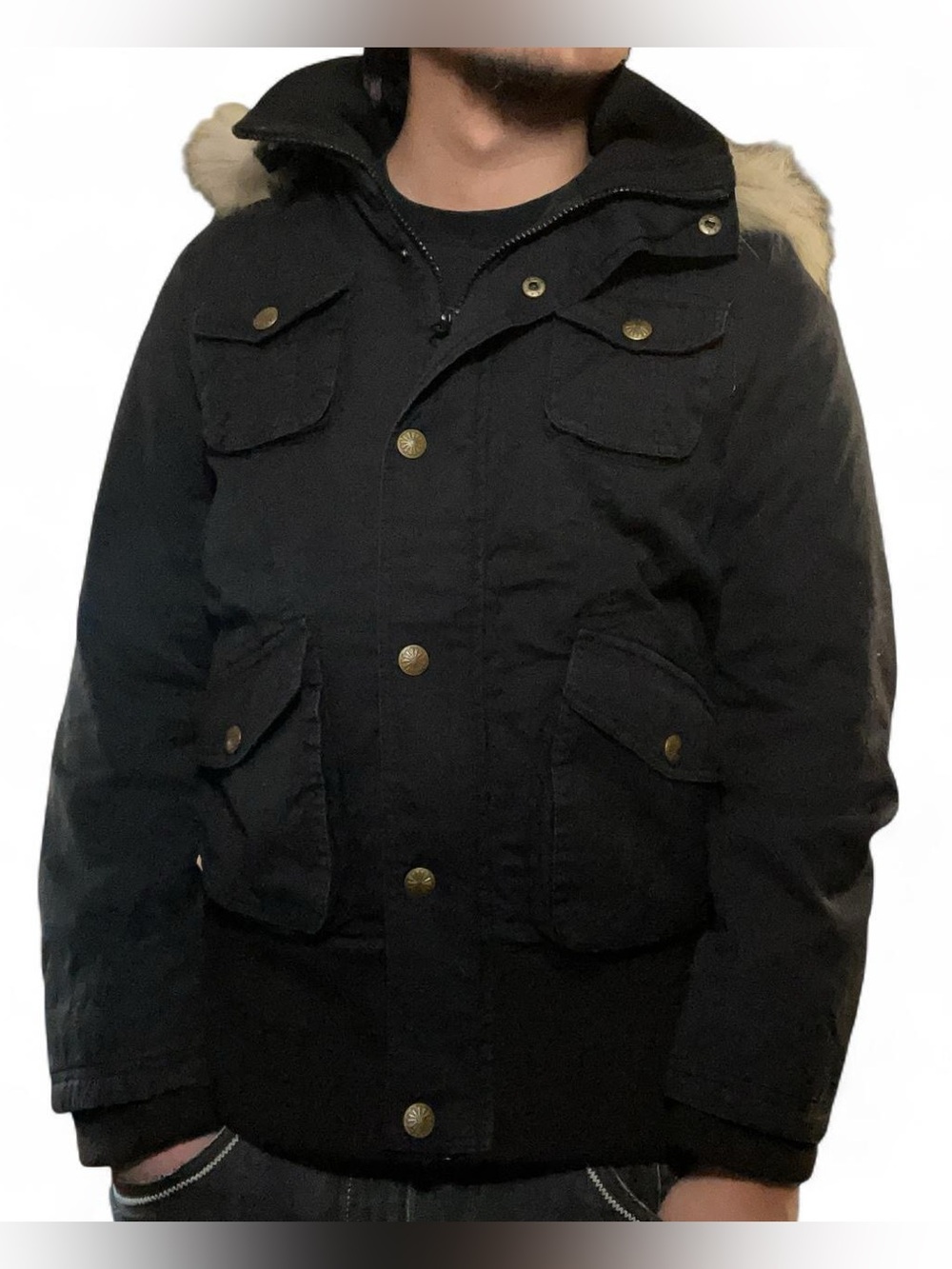 90ans Black Winter Parka Jacket with Faux Fur Hood - Medium
